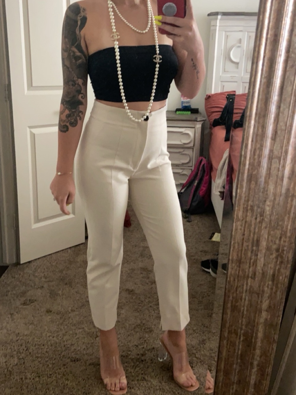 Zara High-Waist Cream Tailored Crop Pants w Slits